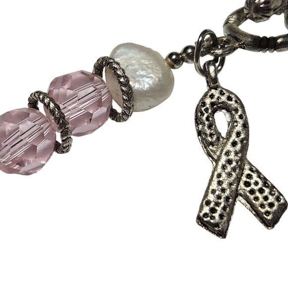 Breast Cancer Awareness Bracelet Pink White Beads Silver Ribbon Charm Women - Picture 2 of 4